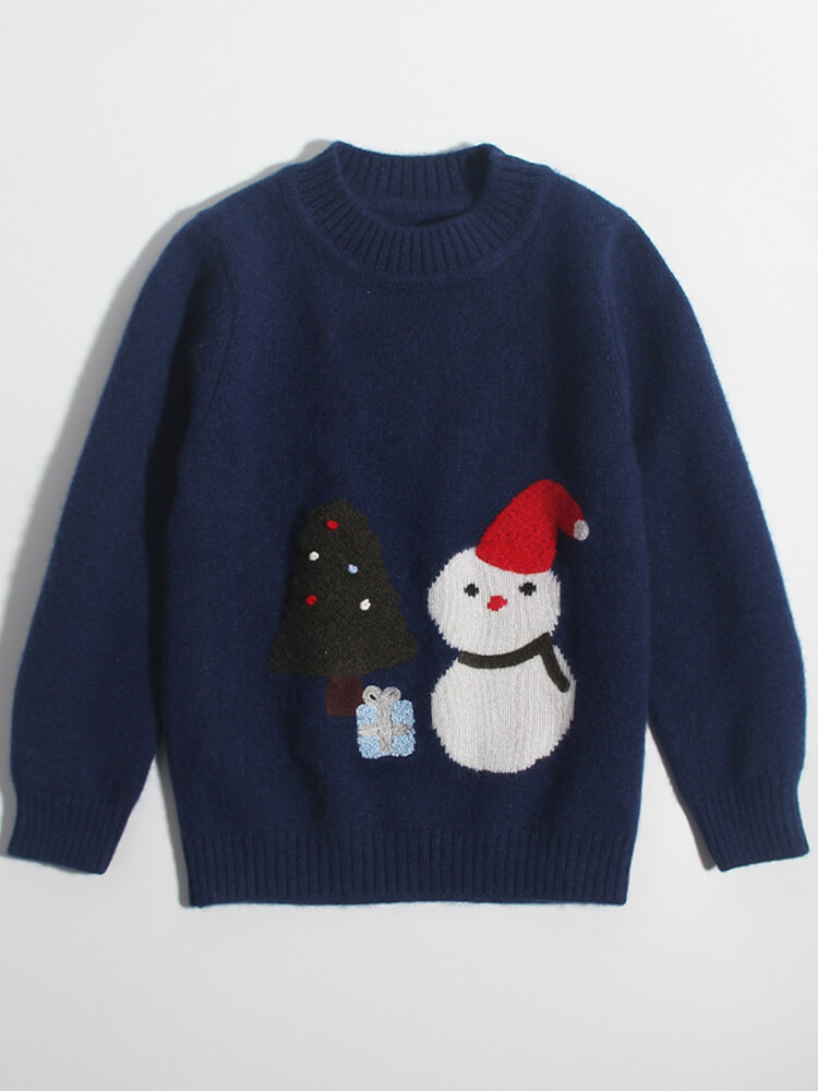 Festive Navy Cashmere Christmas Sweater with Snowman and Tree